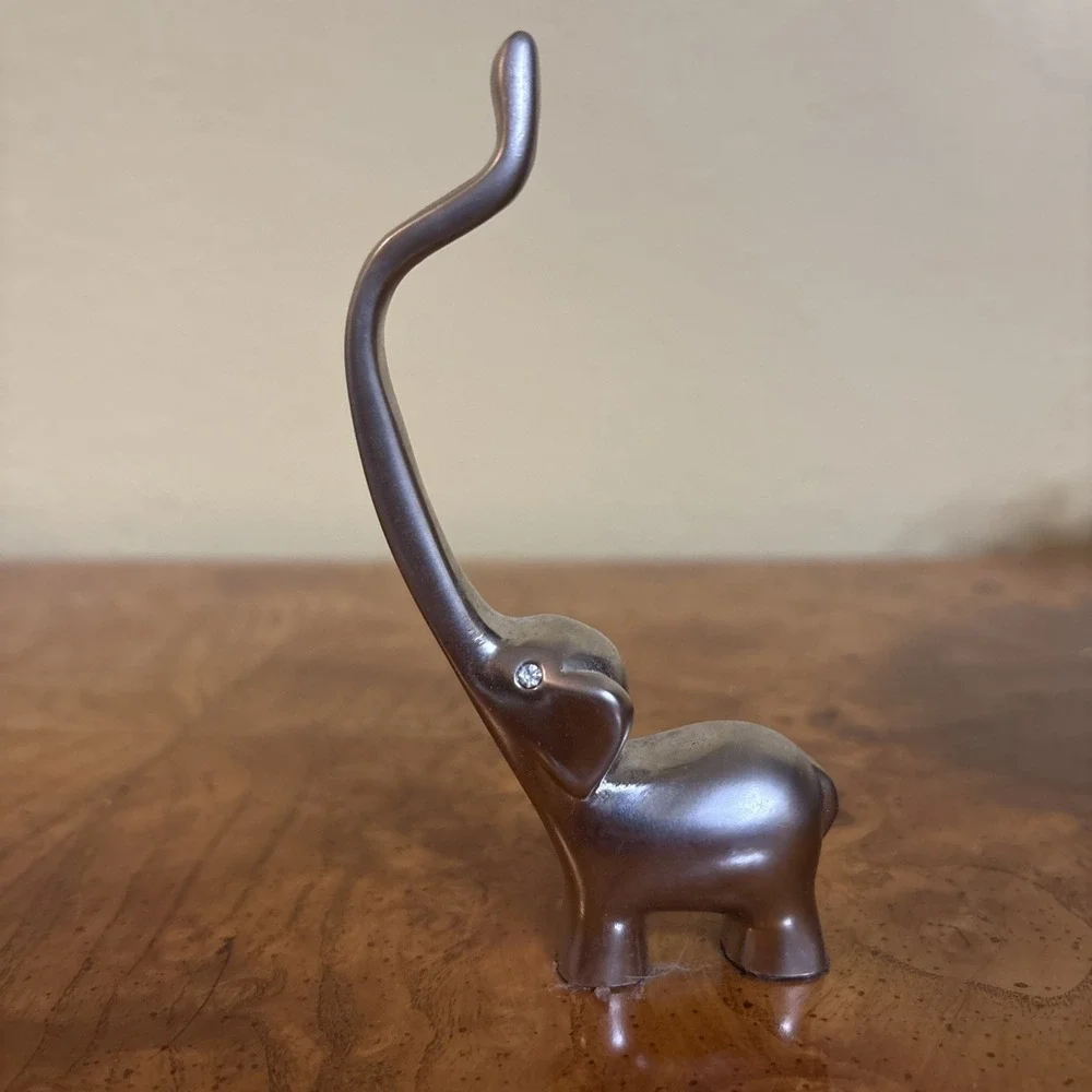 Vintage Ring Holder Elephant Long Trunk Gold Tone w/ Rhinestone Eyes